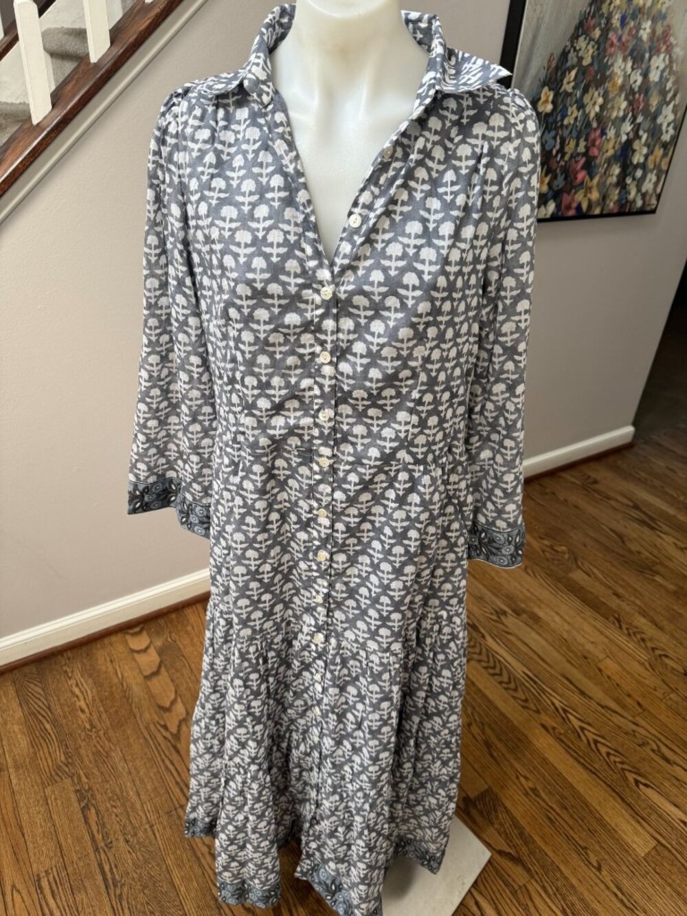 MAREA Flounce Shirt Midi Dress Slate Blue Floral Print Large